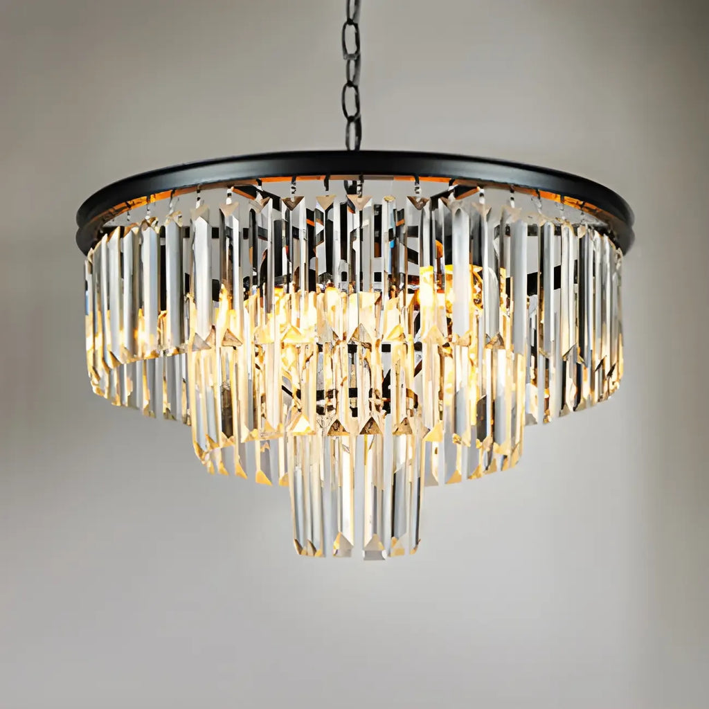 Lustre circulaire de luxe en cristal transparent à 3/4 niveaux