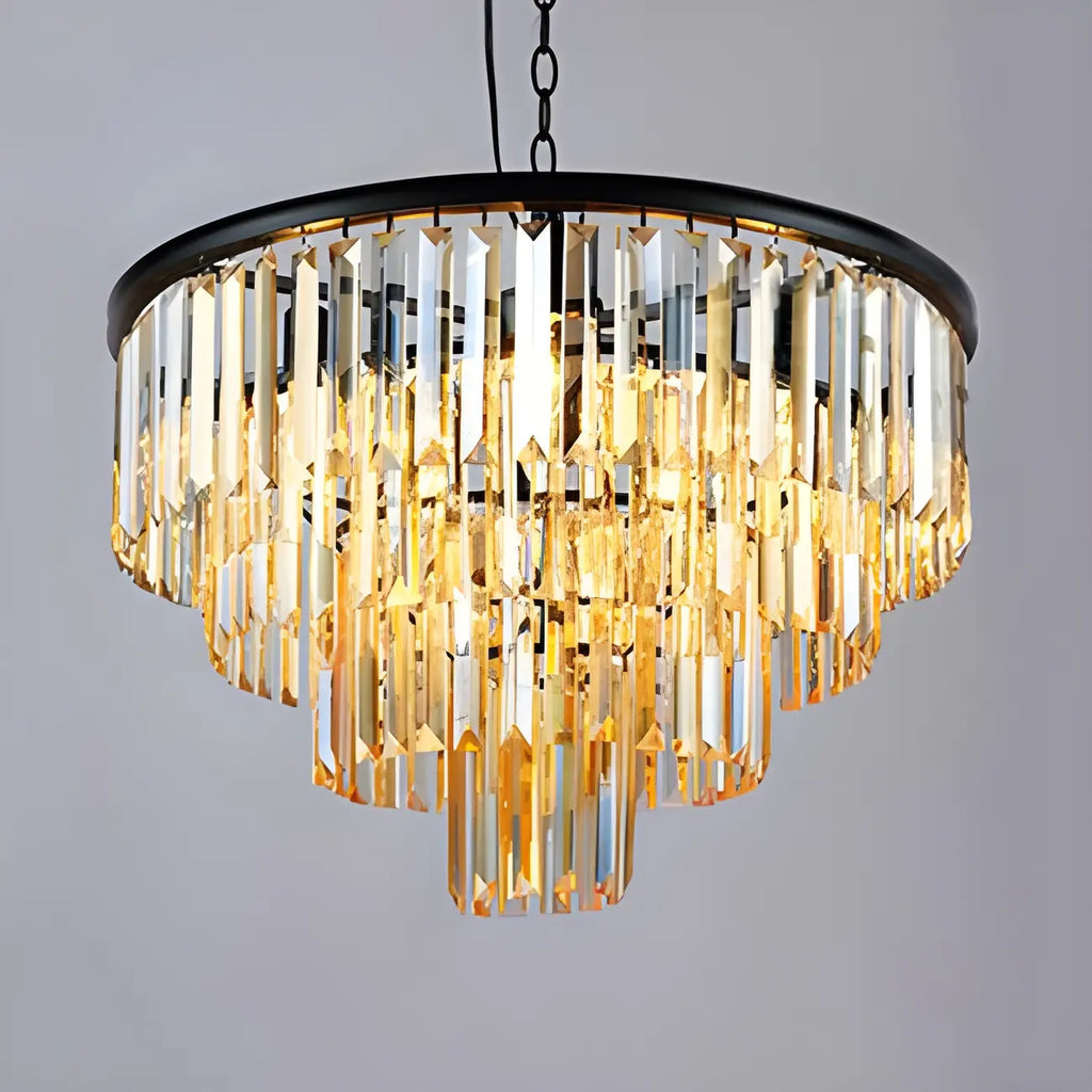 Lustre circulaire de luxe en cristal transparent à 3/4 niveaux