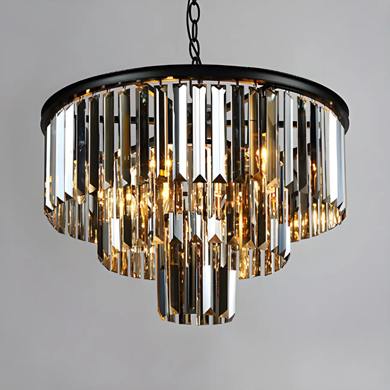Lustre circulaire de luxe en cristal transparent à 3/4 niveaux