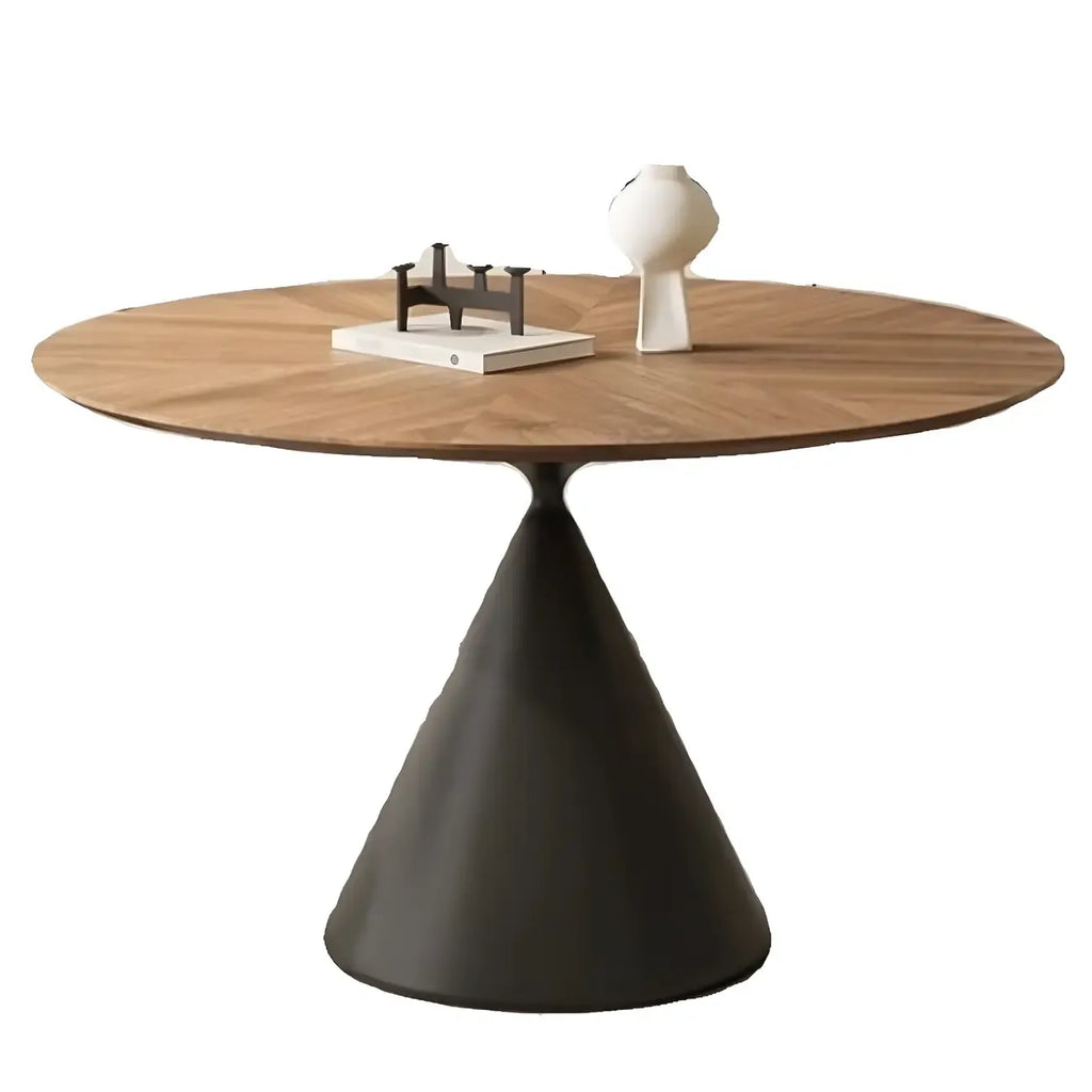 Table de salle à manger ronde en bois brun avec pied en métal noir