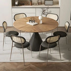 Table de salle à manger ronde en bois brun avec pied en métal noir
