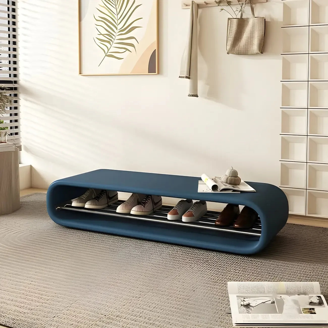 Banc d'entrée décoratif ovale court en pin avec rangement