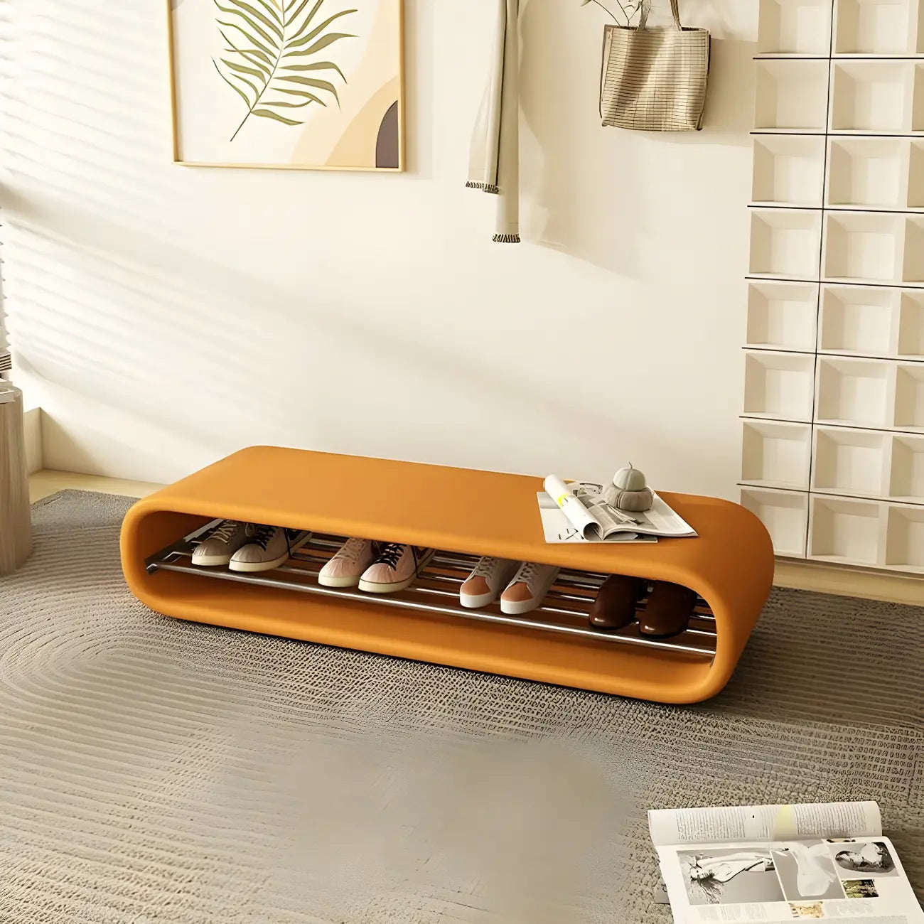 Banc d'entrée décoratif ovale court en pin avec rangement