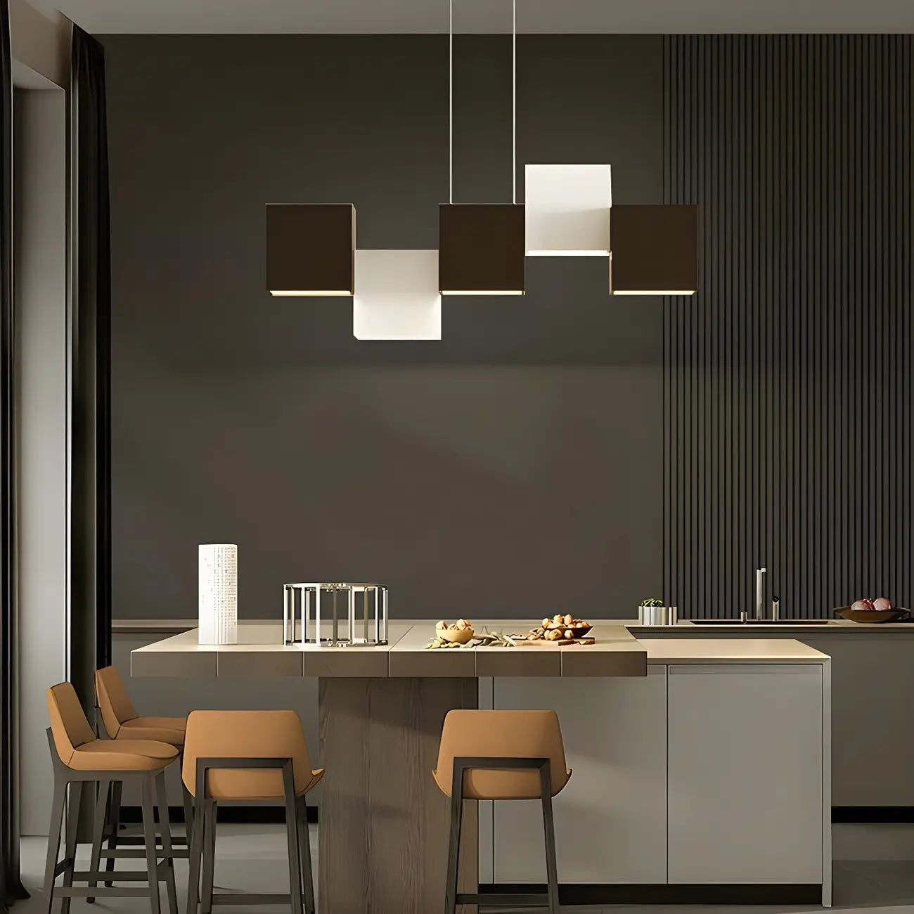 Îlot de cuisine moderne en forme de cube noir avec éclairage LED dimmable
