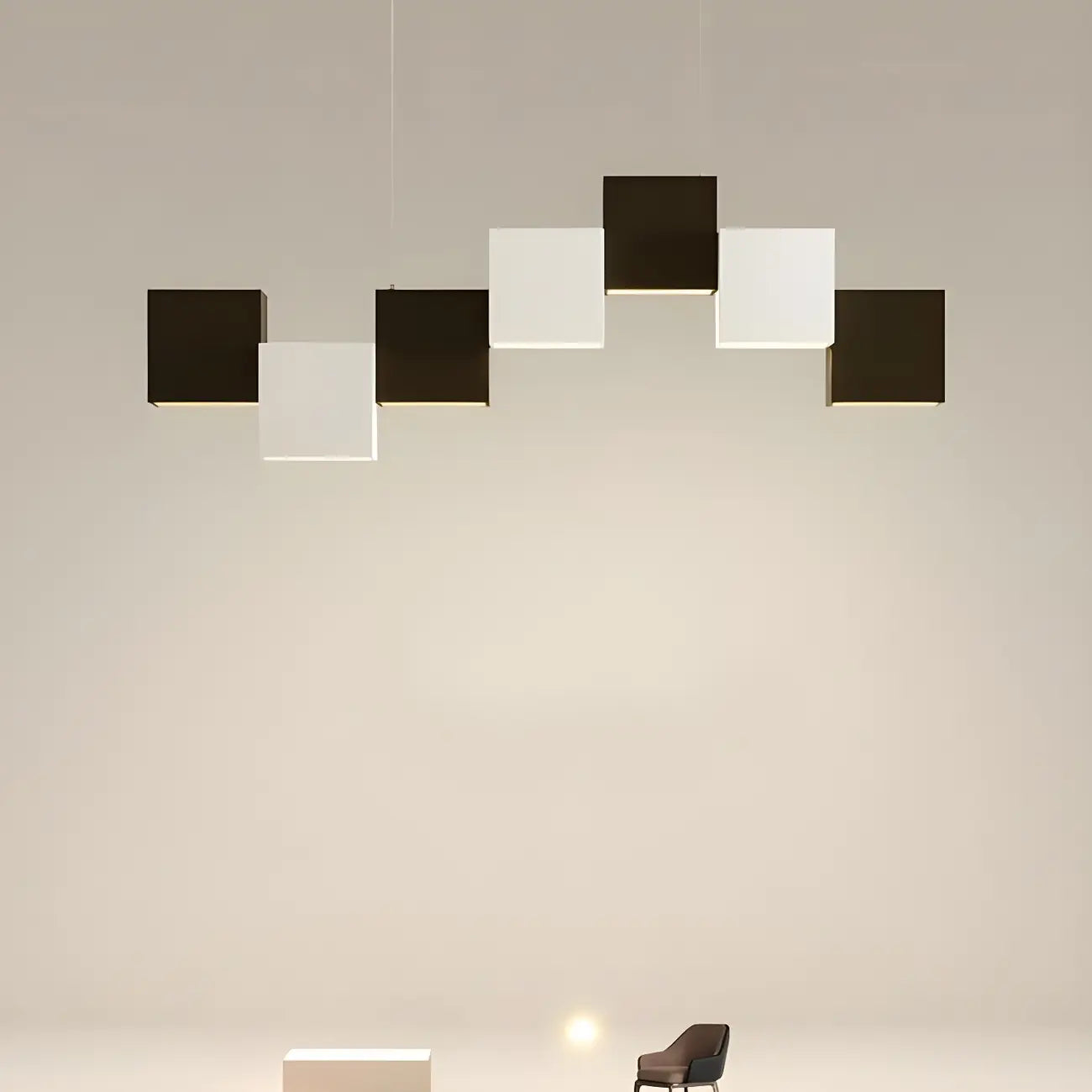 Îlot de cuisine moderne en forme de cube noir avec éclairage LED dimmable