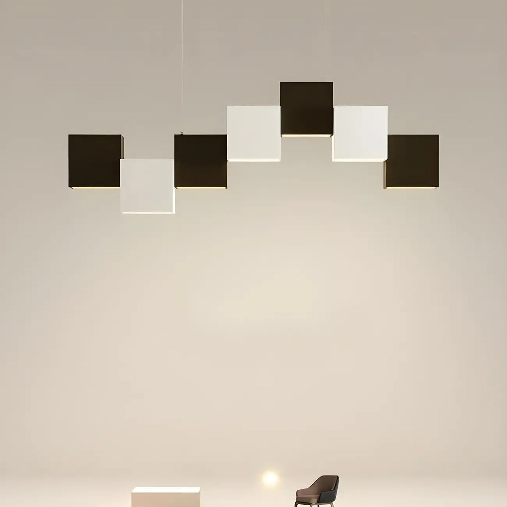 Îlot de cuisine moderne en forme de cube noir avec éclairage LED dimmable