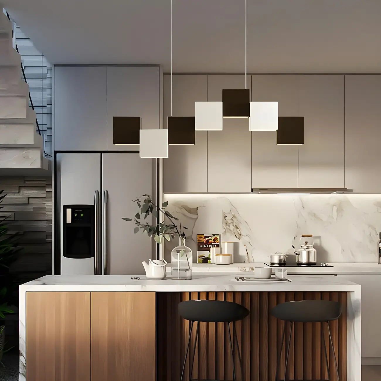 Îlot de cuisine moderne en forme de cube noir avec éclairage LED dimmable