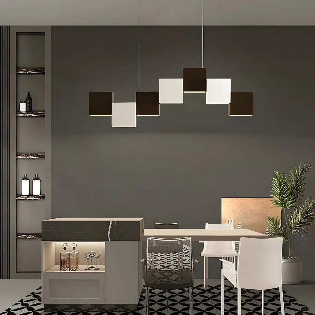 Îlot de cuisine moderne en forme de cube noir avec éclairage LED dimmable
