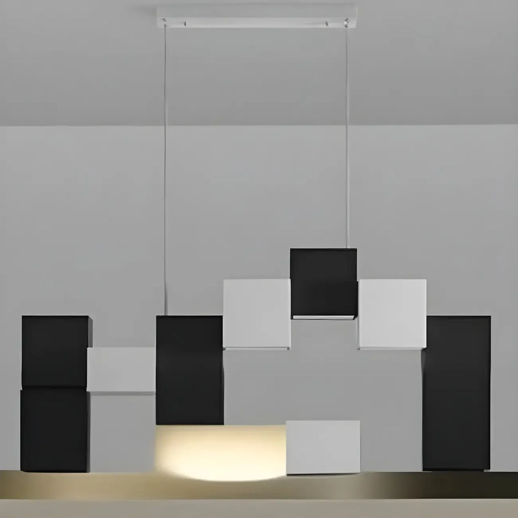 Îlot de cuisine moderne en forme de cube noir avec éclairage LED dimmable