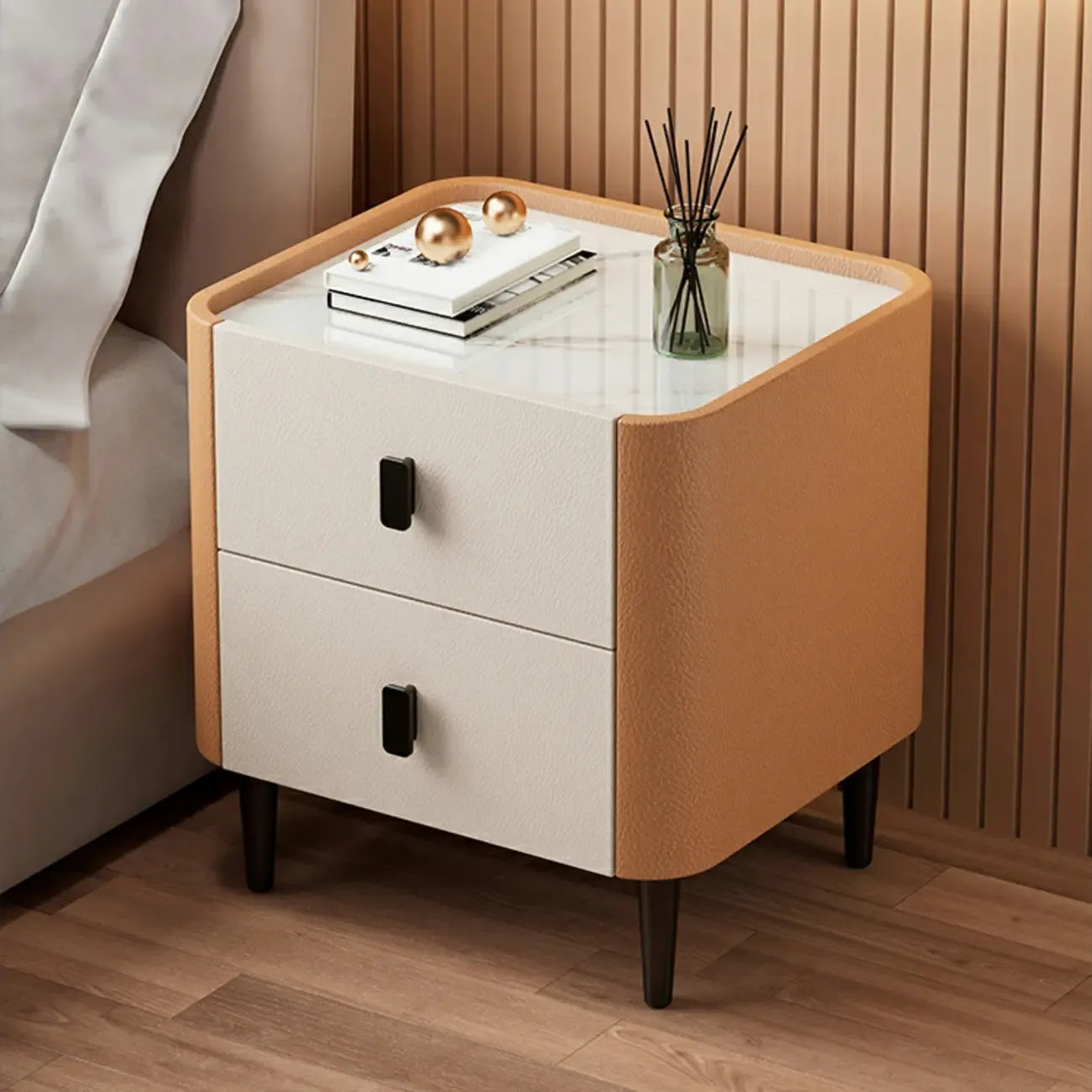 Table de chevet moderne en cuir et pierre avec plateau à 2 tiroirs