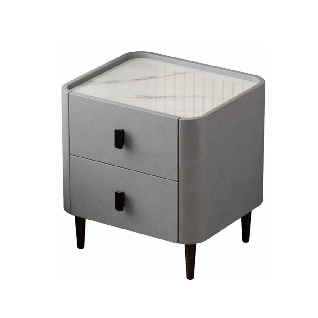 Table de chevet moderne en cuir et pierre avec plateau à 2 tiroirs