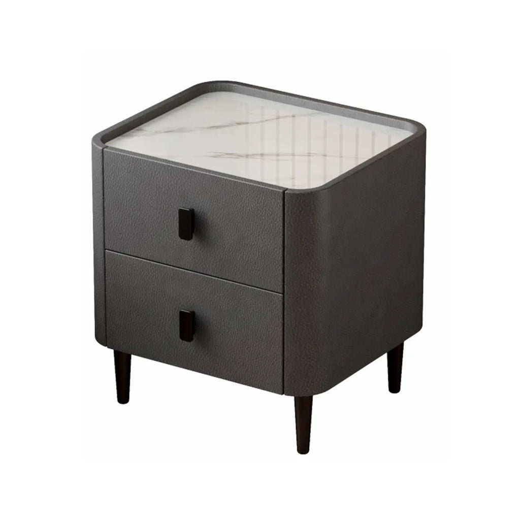 Table de chevet moderne en cuir et pierre avec plateau à 2 tiroirs