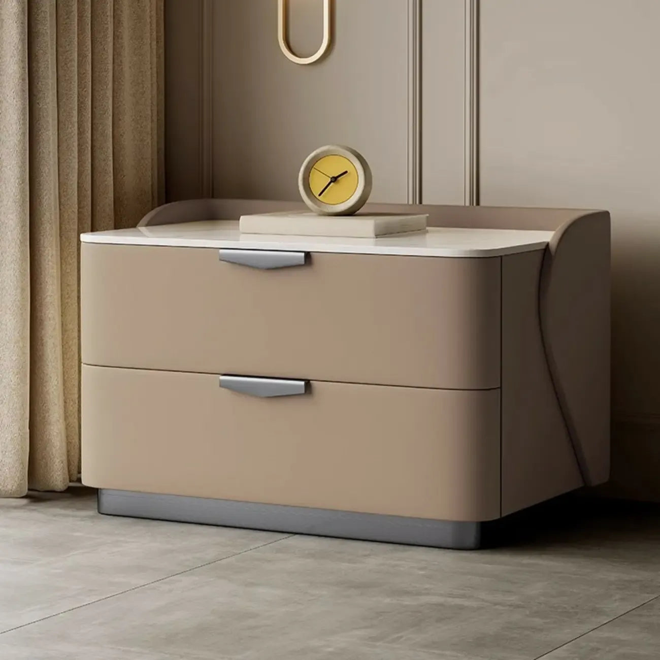 Table de chevet moderne à 2 tiroirs avec plateau en pierre et revêtement en cuir doux au toucher