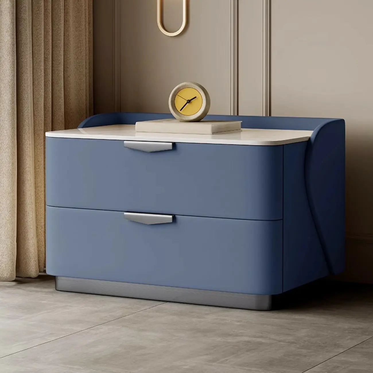 Table de chevet moderne à 2 tiroirs avec plateau en pierre et revêtement en cuir doux au toucher