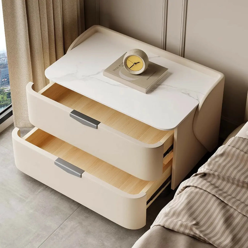 Table de chevet moderne à 2 tiroirs avec plateau en pierre et revêtement en cuir doux au toucher