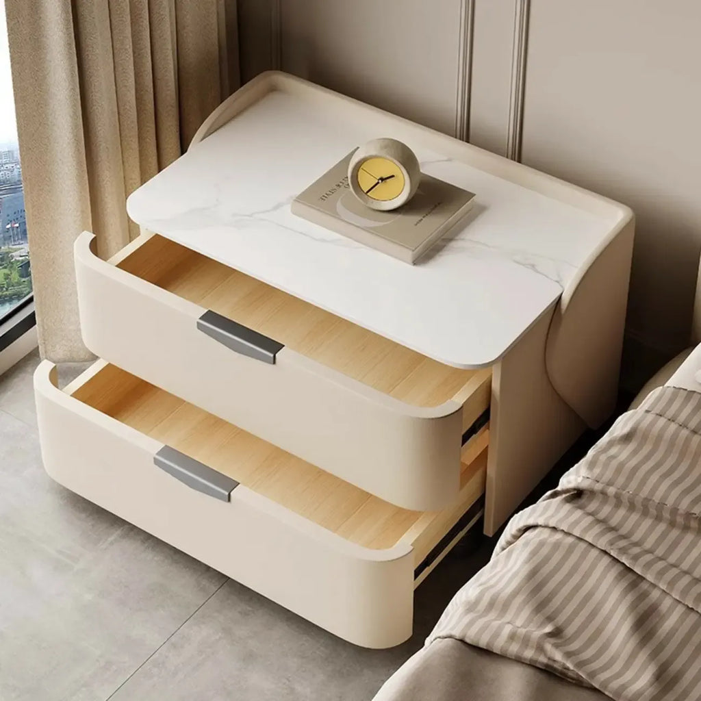 Table de chevet moderne à 2 tiroirs avec plateau en pierre et revêtement en cuir doux au toucher