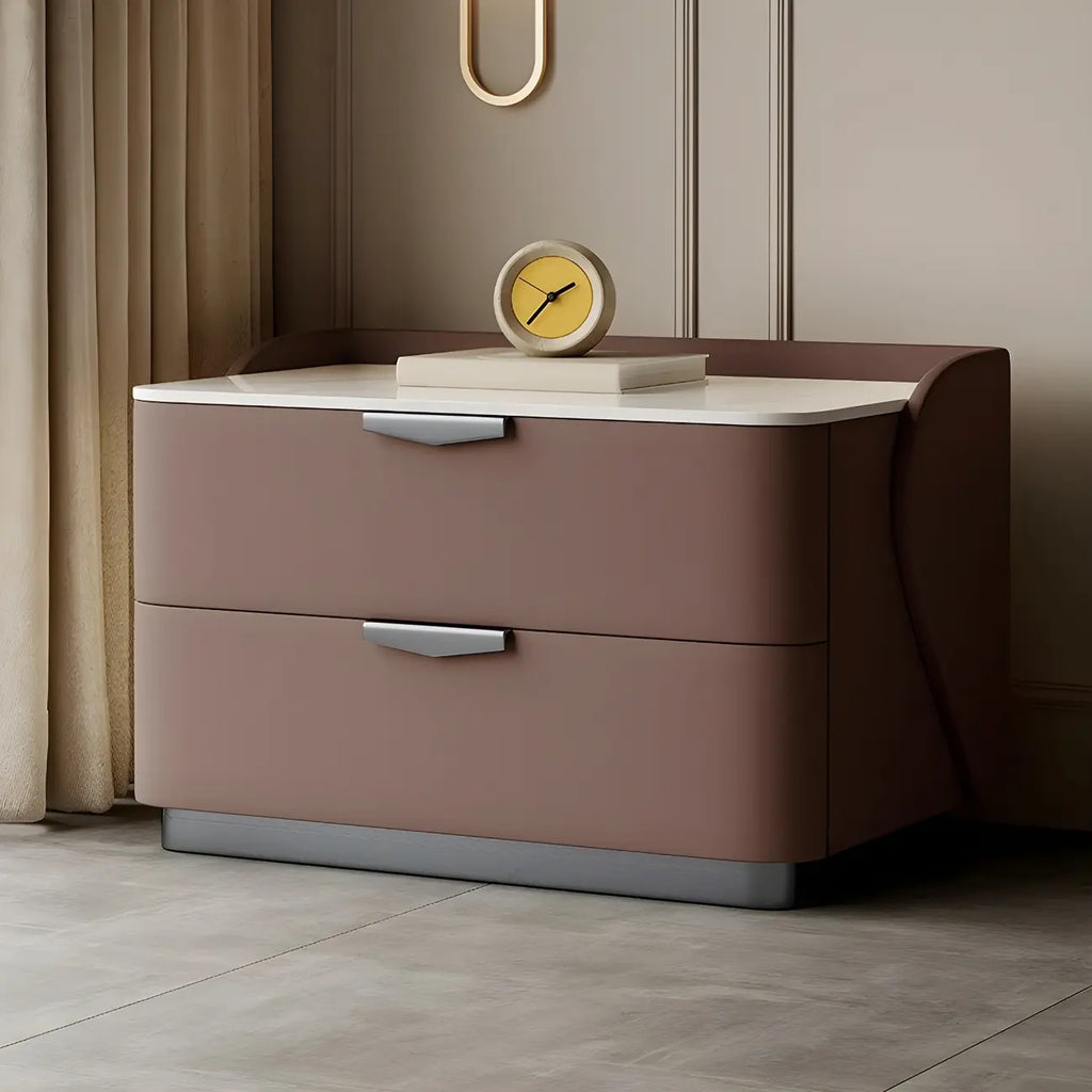Table de chevet moderne à 2 tiroirs avec plateau en pierre et revêtement en cuir doux au toucher