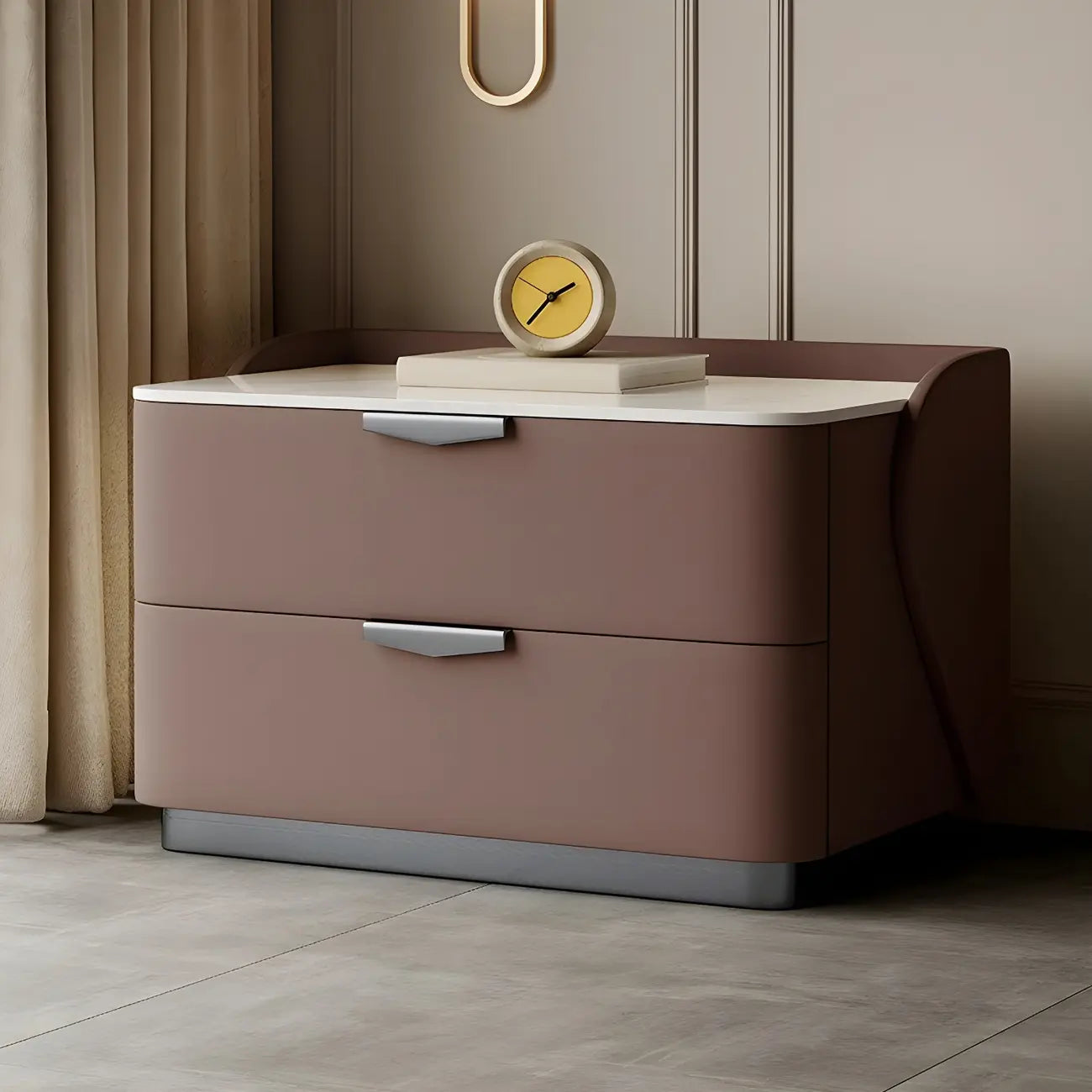Table de chevet moderne à 2 tiroirs avec plateau en pierre et revêtement en cuir doux au toucher