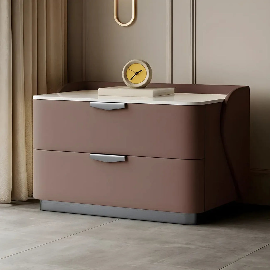 Table de chevet moderne à 2 tiroirs avec plateau en pierre et revêtement en cuir doux au toucher