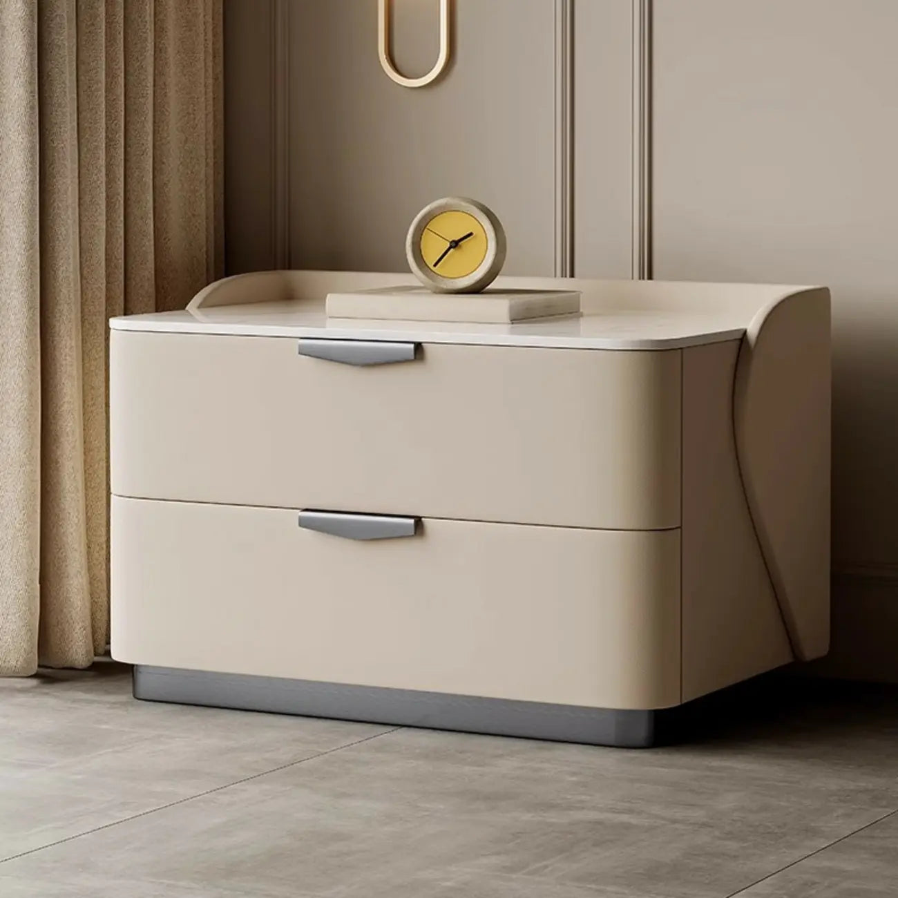 Table de chevet moderne à 2 tiroirs avec plateau en pierre et revêtement en cuir doux au toucher