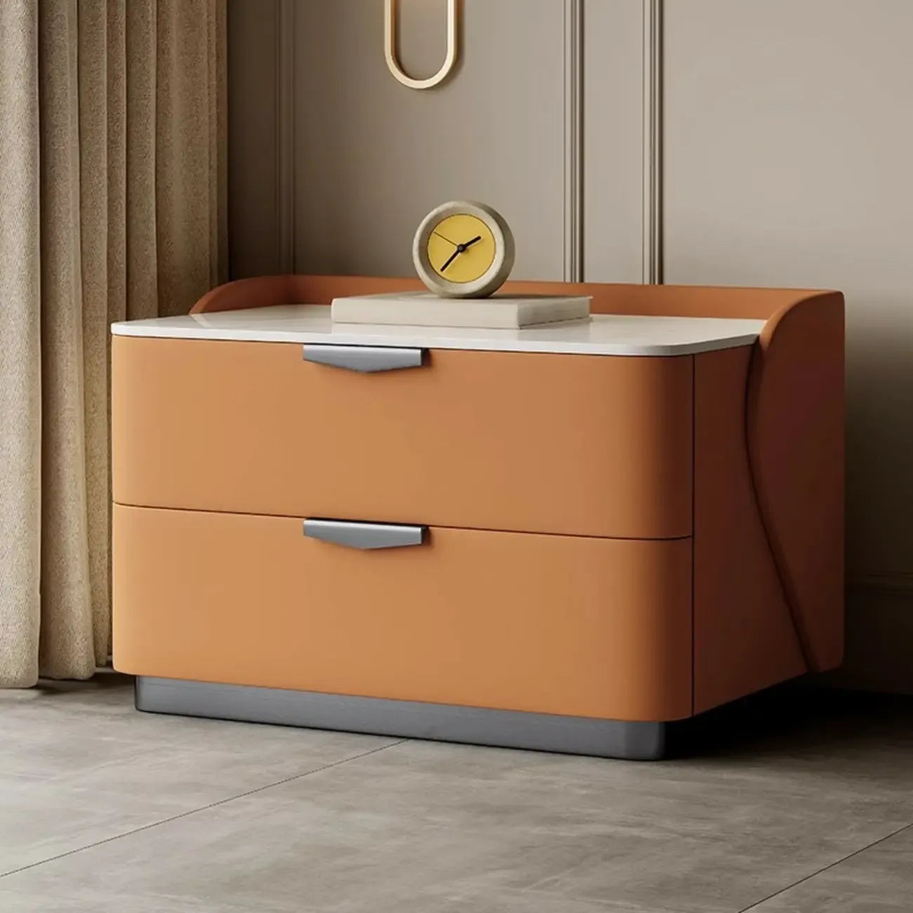 Table de chevet moderne à 2 tiroirs avec plateau en pierre et revêtement en cuir doux au toucher