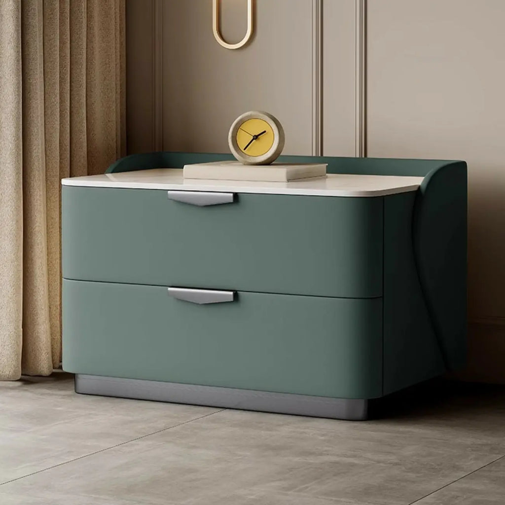 Table de chevet moderne à 2 tiroirs avec plateau en pierre et revêtement en cuir doux au toucher