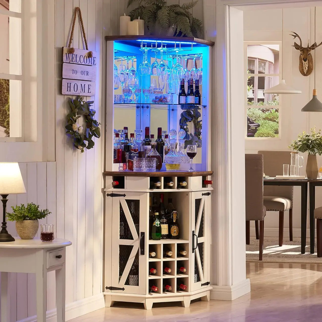 Cave à vin d'angle avec éclairage LED, casier réglable et étagère à verres
