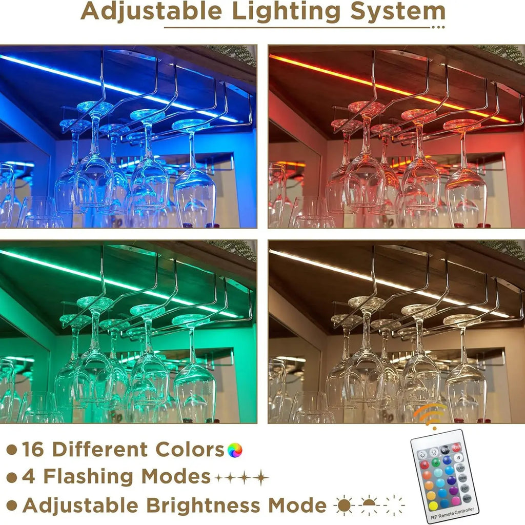 Cave à vin d'angle avec éclairage LED, casier réglable et étagère à verres