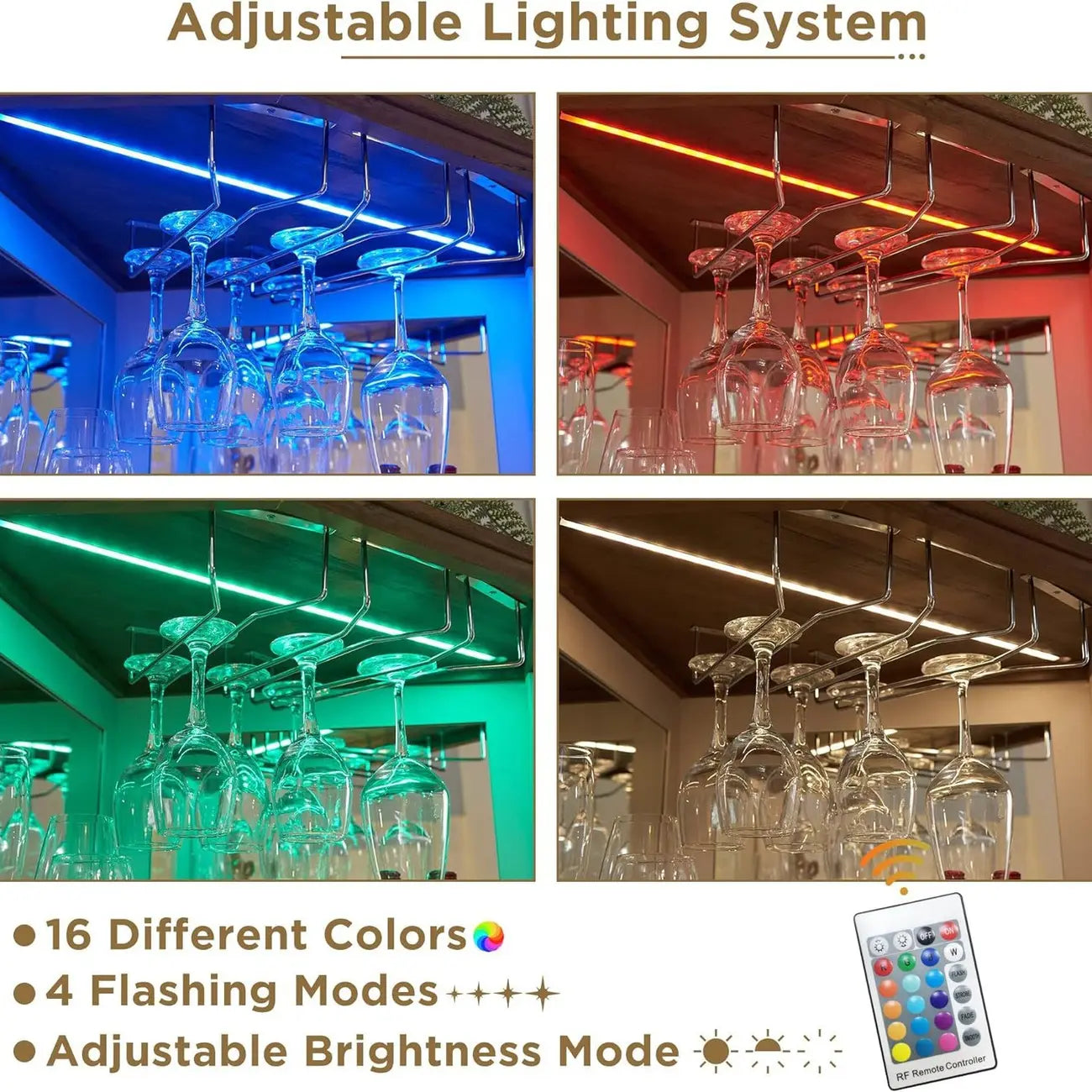 Cave à vin d'angle avec éclairage LED, casier réglable et étagère à verres