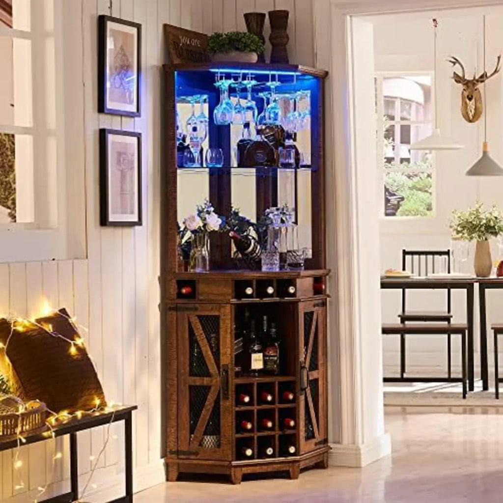 Cave à vin d'angle avec éclairage LED, casier réglable et étagère à verres