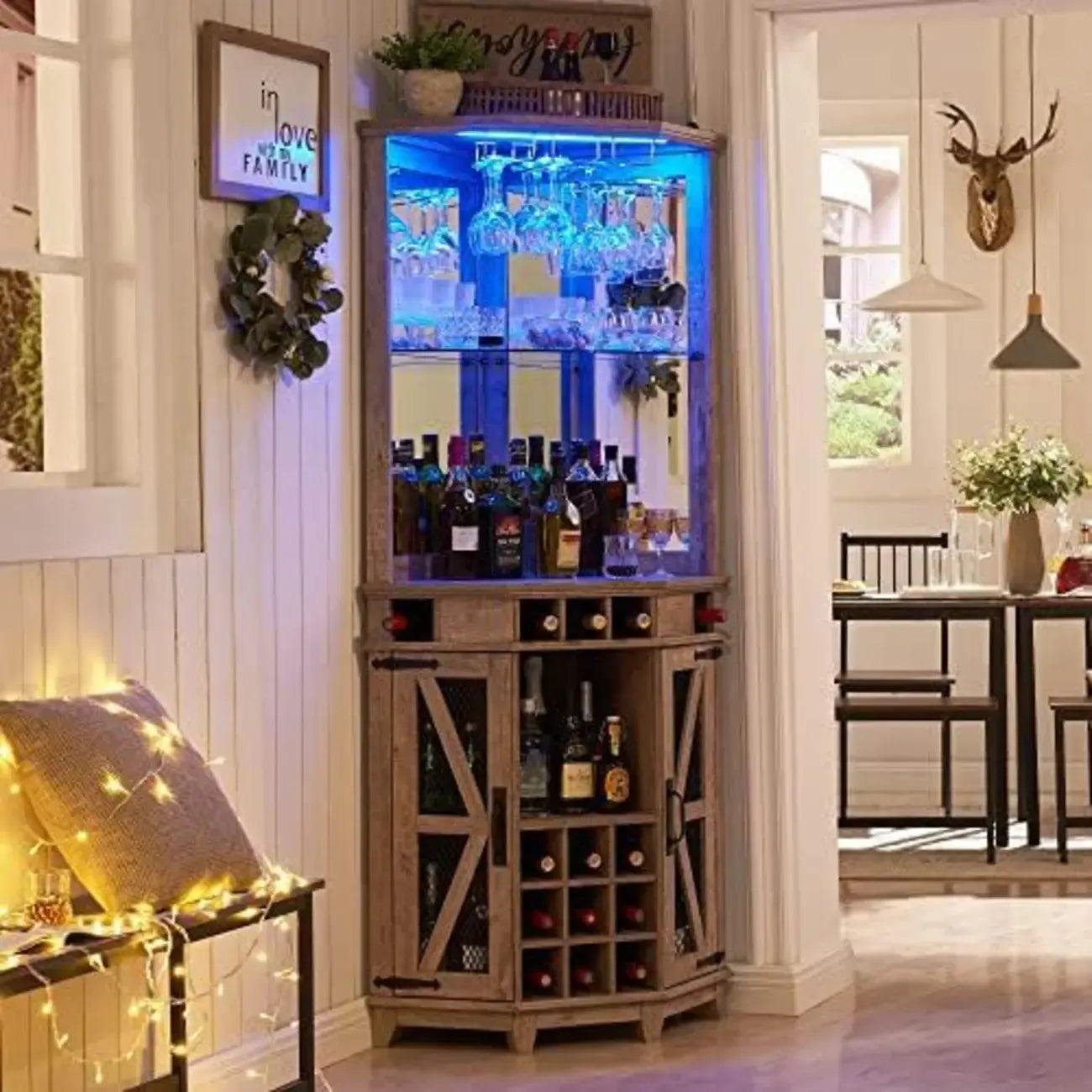 Cave à vin d'angle avec éclairage LED, casier réglable et étagère à verres
