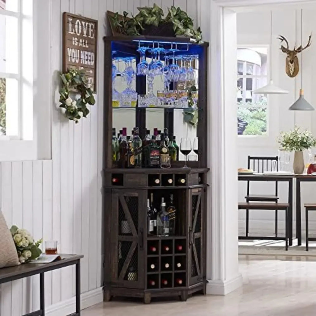 Cave à vin d'angle avec éclairage LED, casier réglable et étagère à verres