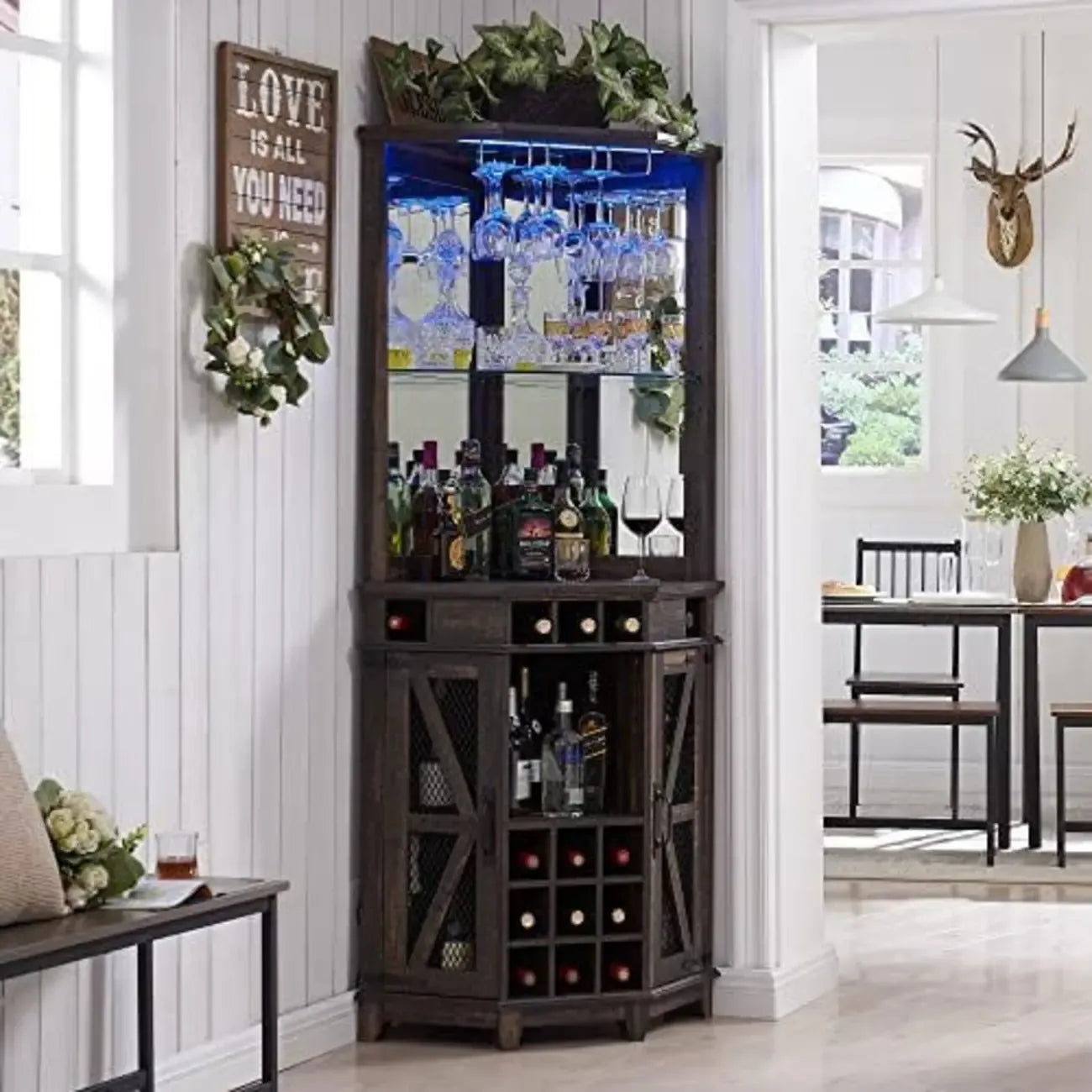 Cave à vin d'angle avec éclairage LED, casier réglable et étagère à verres
