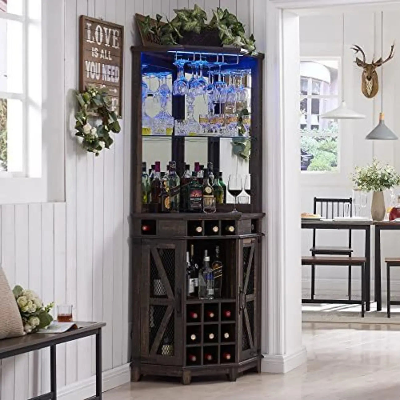 Cave à vin d'angle avec éclairage LED, casier réglable et étagère à verres