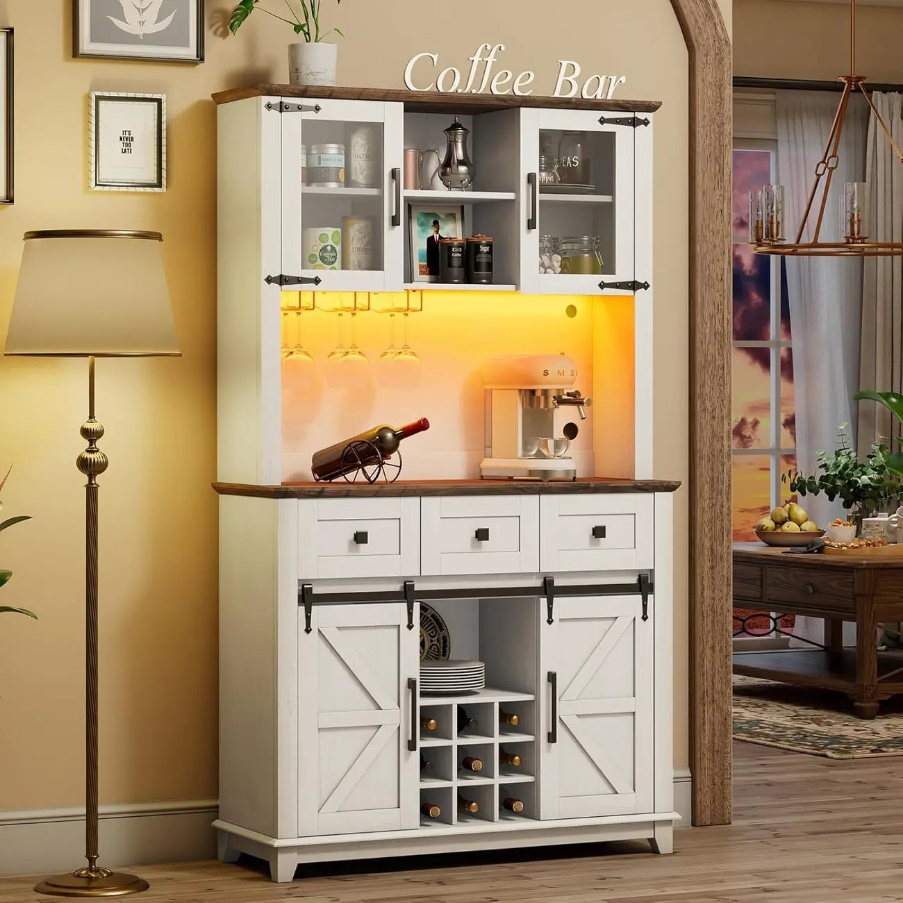 Cave à vin grande capacité de style campagnard avec éclairage LED