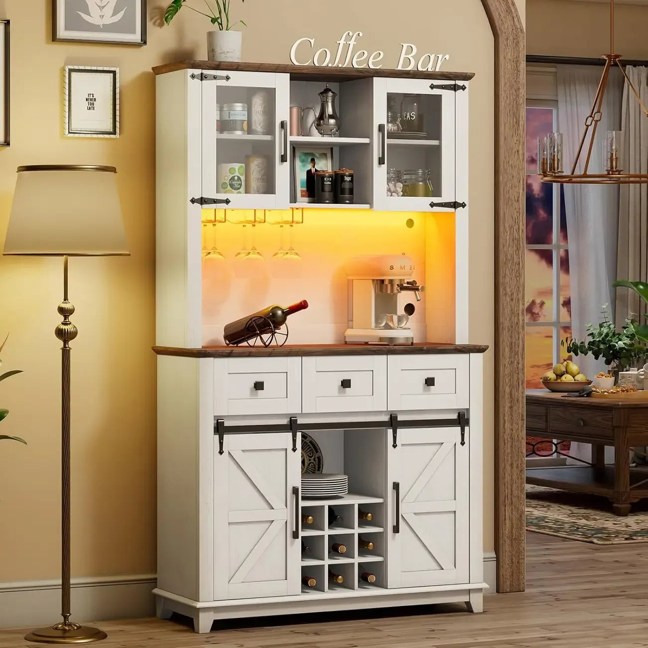 Cave à vin grande capacité de style campagnard avec éclairage LED