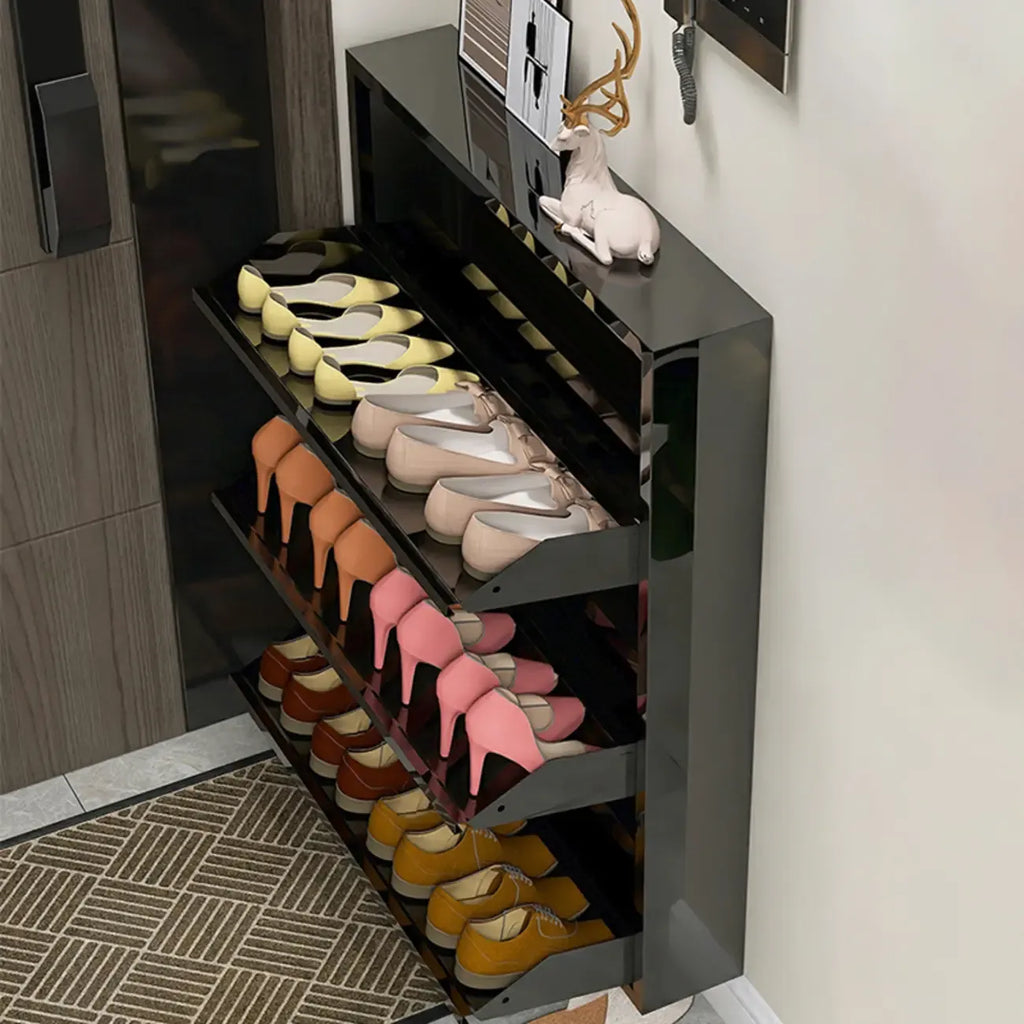 Meuble à chaussures mural en bois noir brillant, à façade mince et rabattable