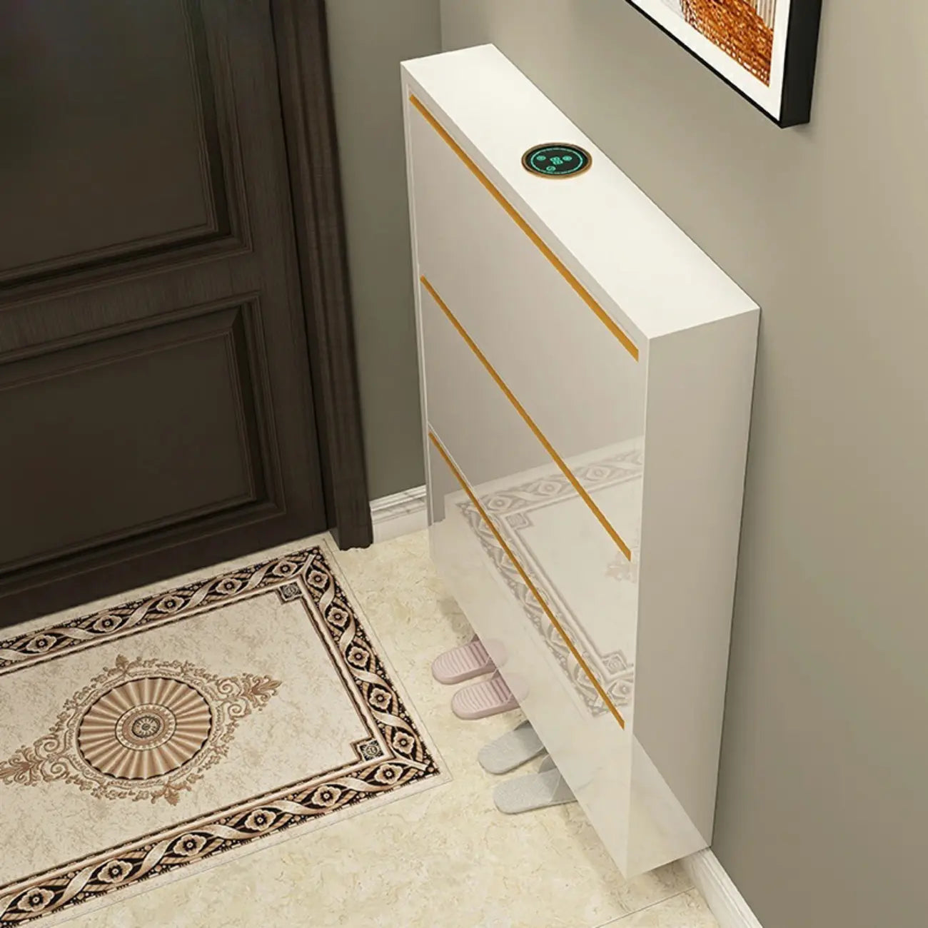 Meuble à chaussures mural en bois noir brillant, à façade mince et rabattable