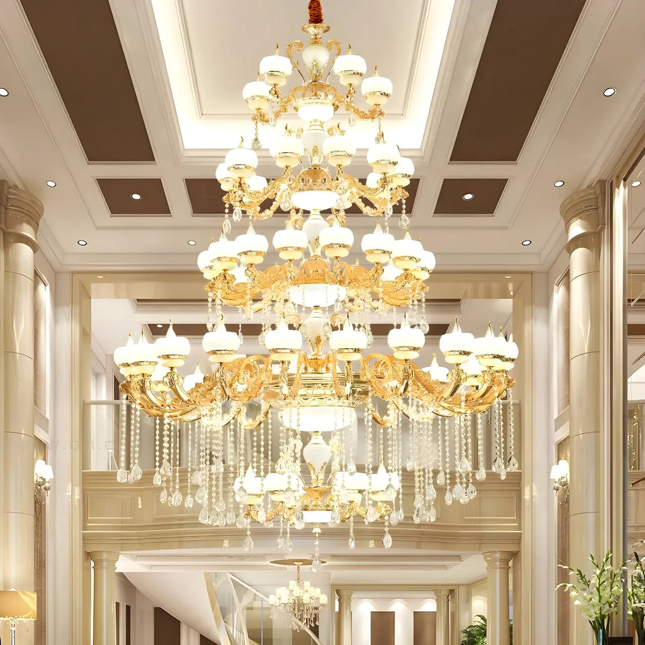 Grand lustre suspendu en cristal doré à plusieurs niveaux