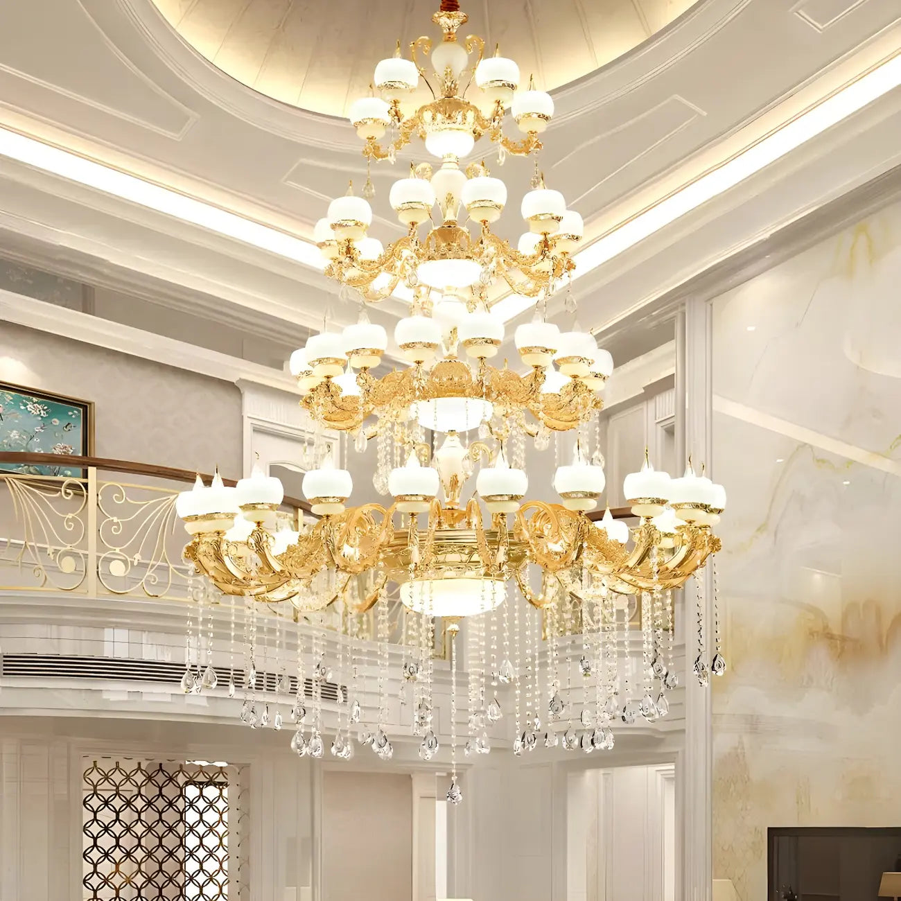 Grand lustre suspendu en cristal doré à plusieurs niveaux