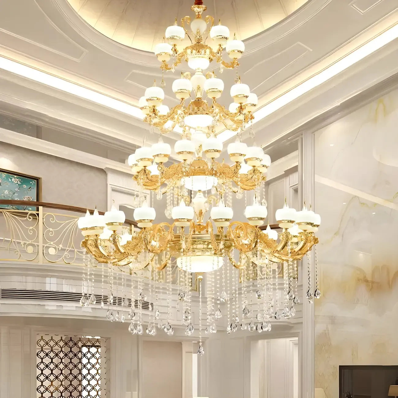 Grand lustre suspendu en cristal doré à plusieurs niveaux