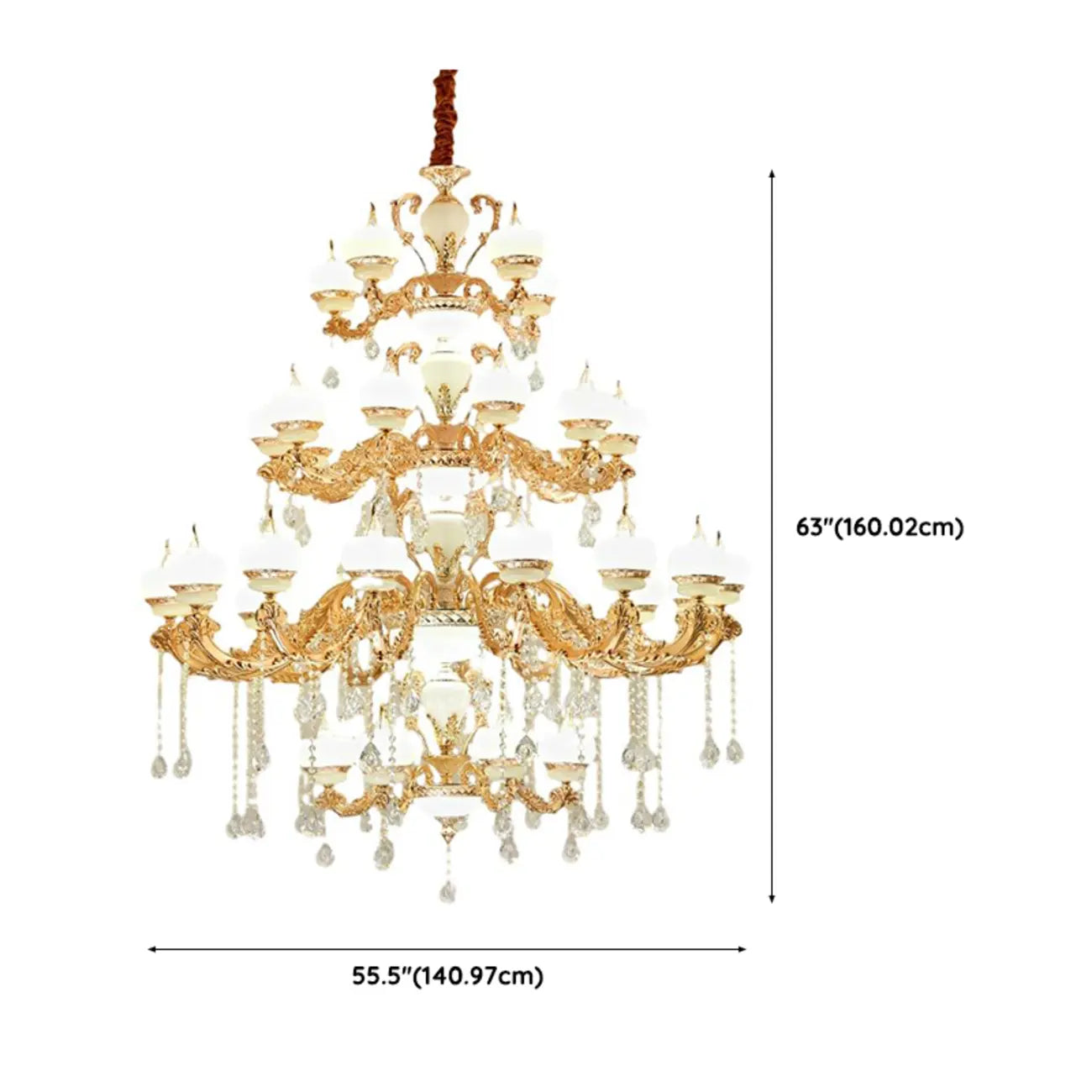 Grand lustre suspendu en cristal doré à plusieurs niveaux