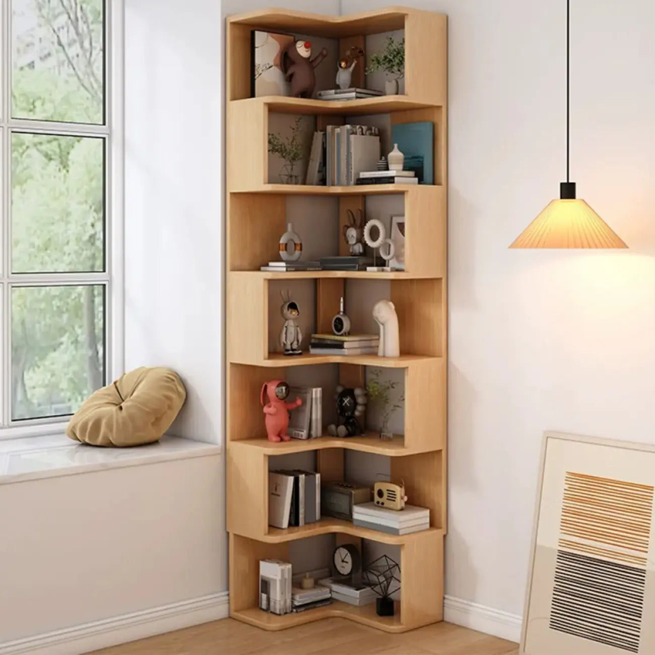 Élégante bibliothèque d'angle en bois en forme d'échelle de L