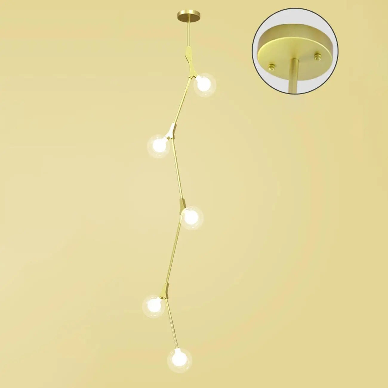 Lustre moderne doré à branches, globe en verre et tige de suspension pour escalier