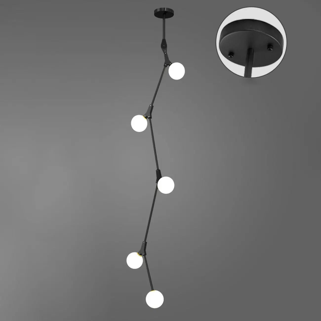 Lustre moderne doré à branches, globe en verre et tige de suspension pour escalier