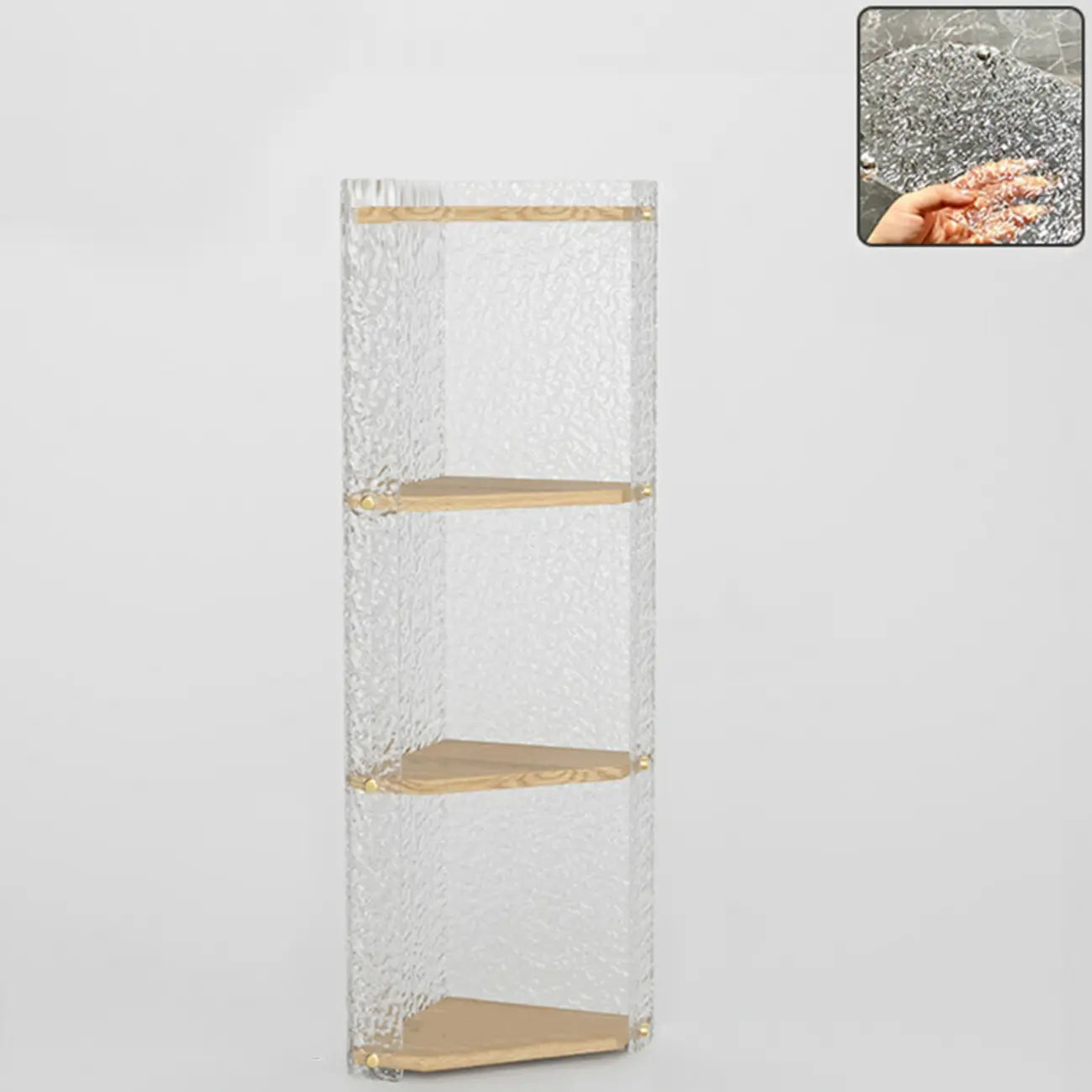Meuble d'angle moderne avec étagères ouvertes en acrylique et bois naturel