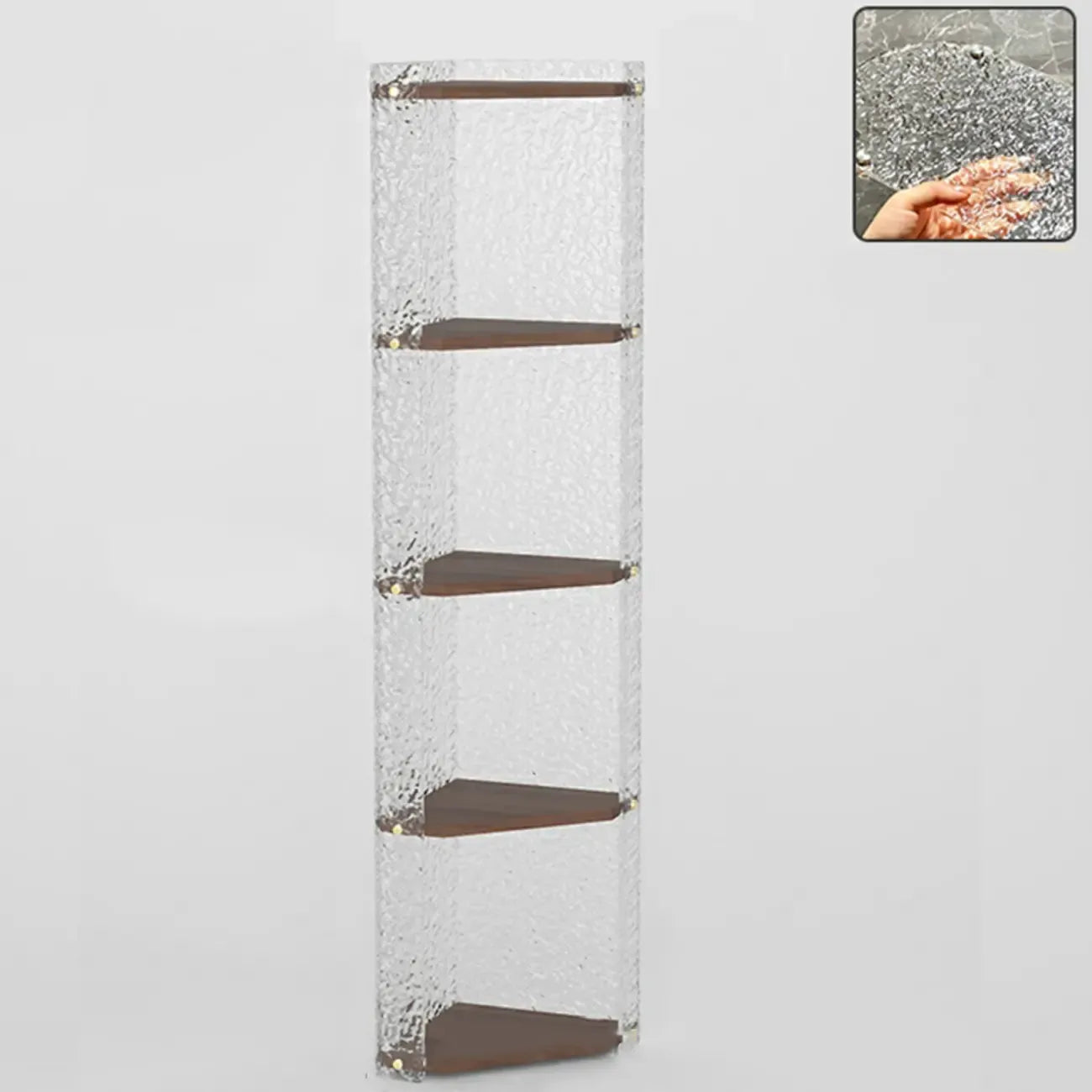 Meuble d'angle moderne avec étagères ouvertes en acrylique et bois naturel