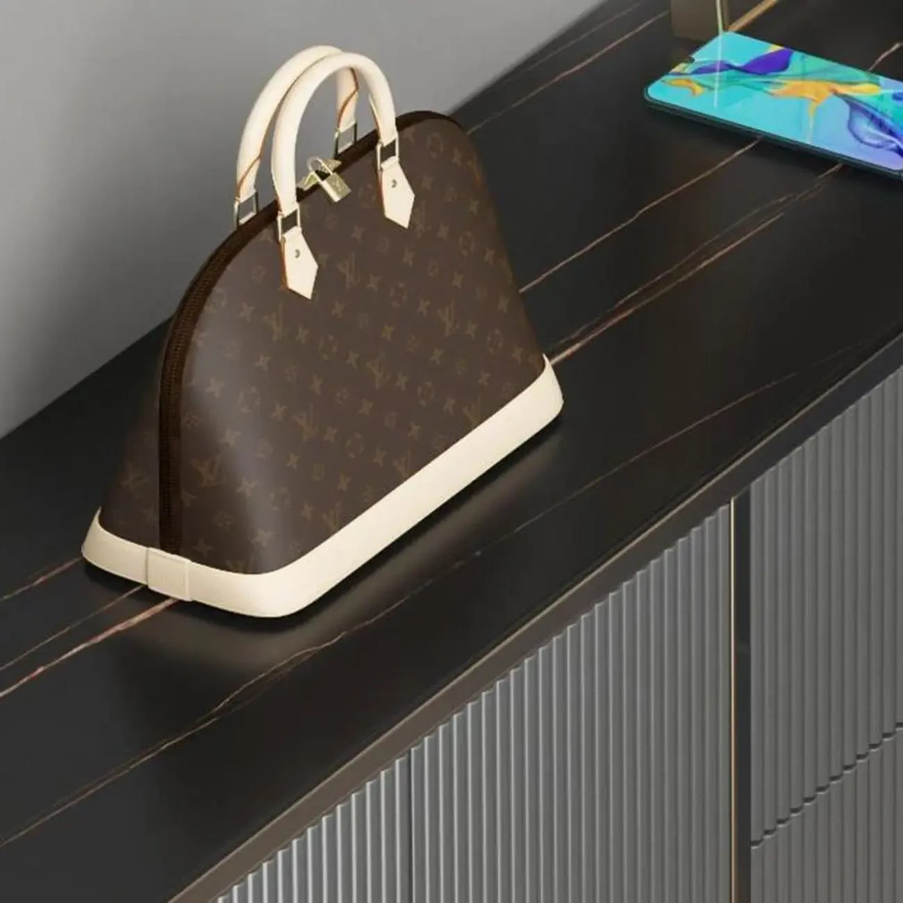 Grand meuble à chaussures d'entrée, porte grise texturée, pieds en métal
