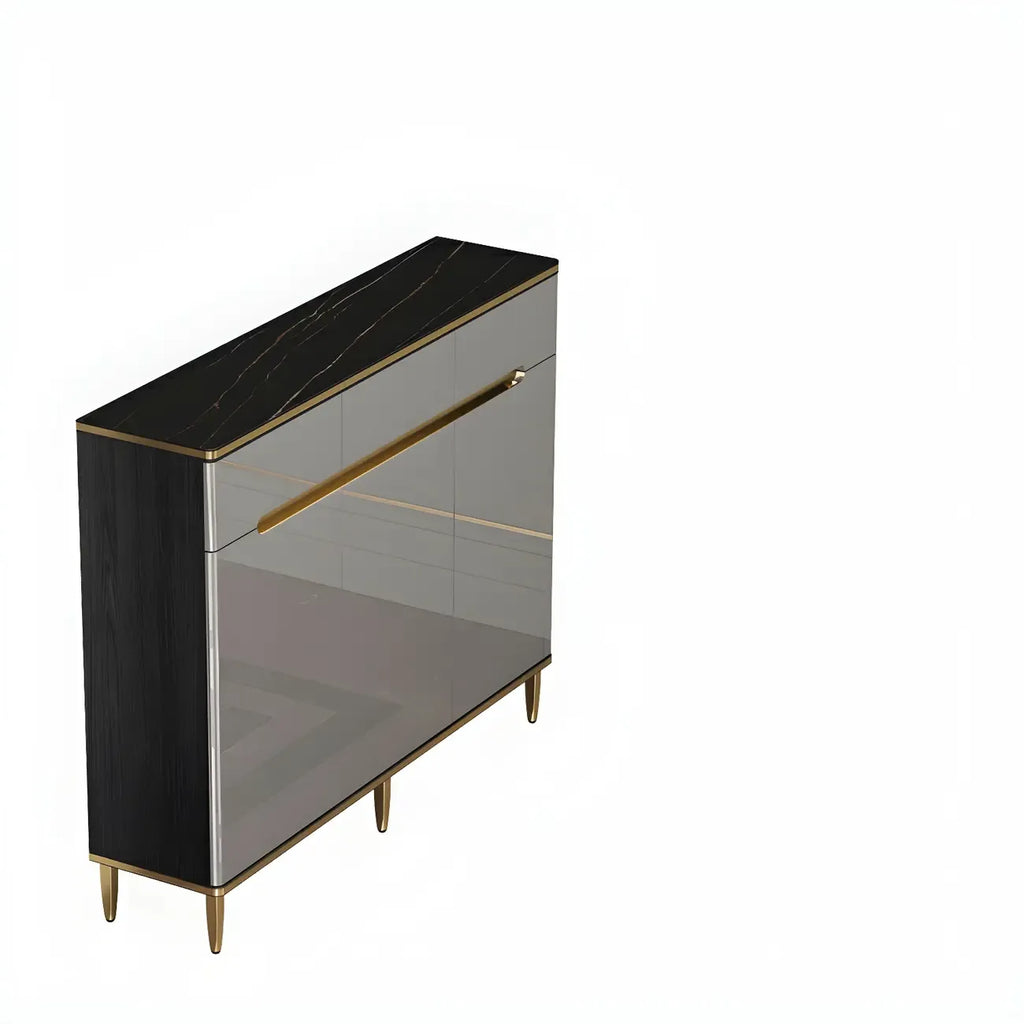 Grand meuble à chaussures d'entrée, porte grise texturée, pieds en métal