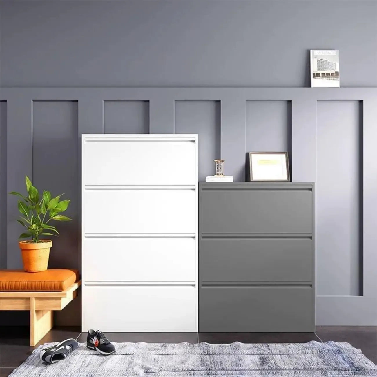 Armoire à chaussures murale en métal gris pour entrée